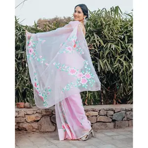 Sari Eliana Rosa Pintado a Mano en Organza, Ligero, para Fiestas, para Mujer - Product Image 3