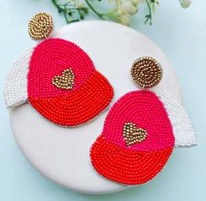 Boucles d'oreilles en perles en forme de casquette de baseball et de cœur, faites à la main, roses, pour femmes, bijoux de fête, au meilleur prix - Product Image 1