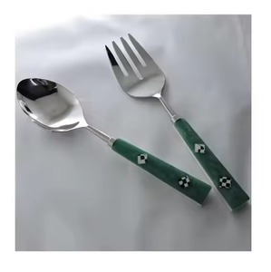 Ensemble de couverts à salade cuillère et fourchette en plaqué or décor de table de mariage vaisselle en résine ensemble de couverts à long manche rond - Product Image 6