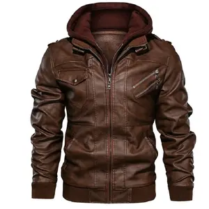 2023 Wholesale Fashion Men Racer Motorcycle PU Leather Jackets Hooded Coat Black