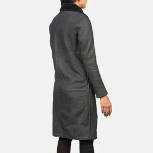 Alina Reversible Black Shearling Leather Coat High Collar Embroidered Diamond XS XL Waterproof Autumn Parka Nylon Zipper - Product Image 5