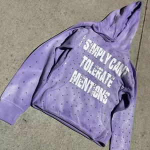 Vêtements de rue sérigraphié hommes à capuche poids lourd sans cordes ourlet brut hommes à capuche Vintage lavage à l'acide strass sweat à capuche unisexe - Product Image 6