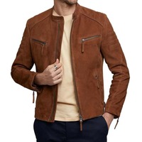 Süet Kahverengi Erkek Kışlık Yüksek Kaliteli Deri Biker Bomber Ceket Dik Yaka Ön Yüzeyde Özelleştirilebilir Logo Su Geçirmez Nefes Alabilir