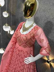 Diseñador de las mujeres Faux Georgette encaje borde Dupatta totalmente cosido largo bordado vestido indio bodas fiestas Material pesado - Product Image 5
