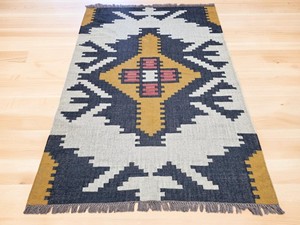 Tapis géométrique Kilim en laine et acrylique, tissage plat, rectangulaire, réversible, avec envers en jute, style salon - Product Image 2
