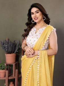Summer Collection Perfect <b>Satin</b> Saree with Embroidery Work <b>Blouse</b> and Pum Pum Lace Plain Design for Adults - Product Image 5