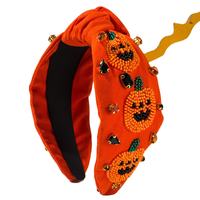 Ikat Kepala Fashion Ramah Lingkungan Buatan Tangan untuk Pesta Halloween dan Ulang Tahun, untuk Wanita dan Anak Perempuan, Motif Labu Hantu Berhias Manik-Manik dan Simpul