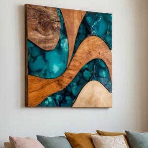 Décoration murale moderne en bois et résine époxy de luxe, paysage, LED, imperméable, design naturel pour l'intérieur de la pièce (personnalisable) - Product Image 1