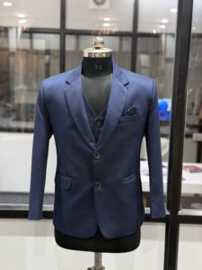 Costume d'affaires bleu pour homme, simple boutonnage, col cranté, style britannique, coupe classique, tissu tissé anti-rétrécissement - Product Image 3
