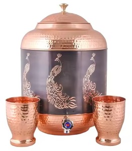 Antique brown finish copper <b>water</b> <b>dispenser</b> with intricate band engraving traditional Kalash pot shape - Product Image 3