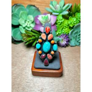 Anillo Ajustable de Plata de Ley Hecho a Mano por Navajo con Incrustaciones de Turquesa y Piedras Múltiples, Estilo Casual, Talla Única, 18K, Regalo Perfecto - Product Image 1