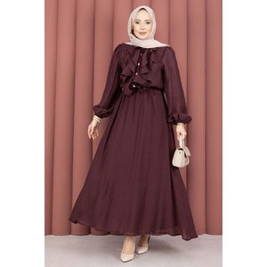 Conjunto de hiyab informal transpirable de manga larga color ciruela para mujer con detalle de volantes en la parte delantera, tela modal - Product Image 3