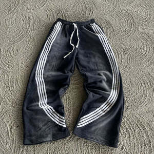 Pantalon de survêtement unisexe en toile de coton brodée, vintage, délavé à l'acide, respirant, écologique, coupe évasée pour homme, style streetwear, rayé - Product Image 2