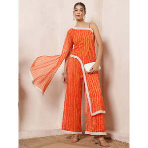 Ensemble coordonné en mousseline de soie imprimé feuilles <span class=keywords><strong>orange</strong></span> pour femme, <span class=keywords><strong>tunique</strong></span> asymétrique à une épaule avec pantalon palazzo, style indo-occidental - Product Image 1