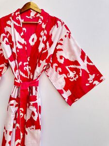 Robe Kimono en coton pour femmes bloc imprimé Robe de nuit confortable Robe de demoiselle d'honneur Robe de chambre vêtements de plage Robe à la main naturelle - Product Image 2