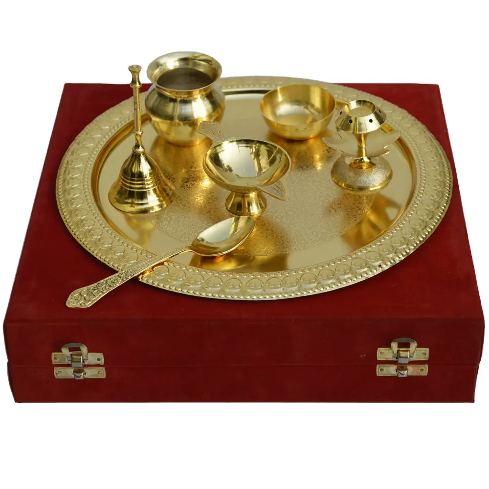 금속 공예 인도 골드 3 Diya Puja 플레이트 Pooja thali 종교 플레이트 사원 장식 영재 항목