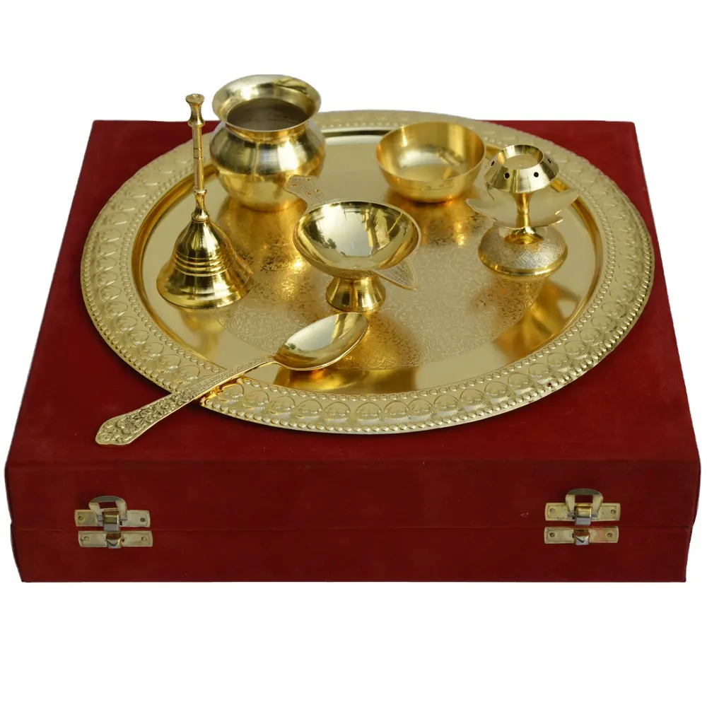 Đĩa Tôn Giáo Pooja Thali 3 Diya Vàng Ấn Độ Thủ Công Kim Loại Đồ Trang Trí Đền Thờ Có Năng Khiếu