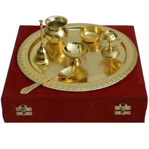 Metal Craft Indian Gold 3 Diya Puja Plate Pooja thali Religious plate Temple Decor Gifted Item