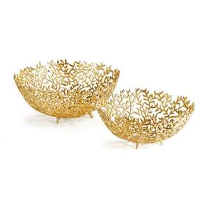 Gold shiny finish cast aluminum serving <b>bowl</b> with modern texture and deep <b>basin</b> designed for decorative and functional use - Product Image 5