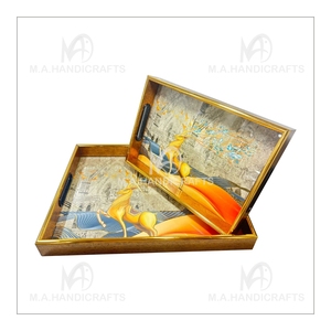 Bandeja de servicio clásica de lujo con borde dorado con asas Bandeja de vidrio MDF de diseño abstracto de nueva bandeja - Product Image 1