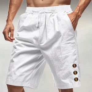 Pantalones cortos blancos de verano para hombre, cintura elástica, cordón, ropa de playa informal, algodón, lino, transpirable, hasta la rodilla, ajuste holgado con botones - Product Image 1