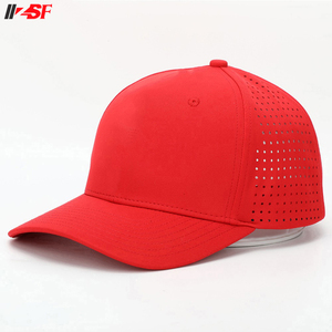 Casquettes de baseball personnalisées en polyester rouge à 5 panneaux pour hommes, tricotées imperméables, à 6 panneaux, style structuré, avec écusson pour trous découpés, pour tissu commun - Product Image 2