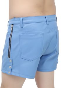 Shorts décontractés pour hommes en cuir véritable, couleur unie, avec fermeture à boutons à la taille et fermeture éclair latérale - Product Image 3