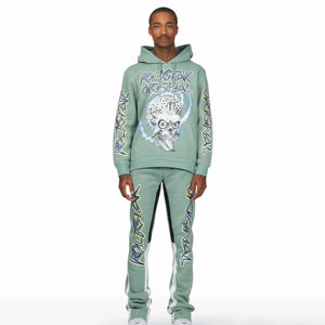 Pantalon évasé 100% coton 400 GSM personnalisé pour hommes ensemble de survêtement d'hiver lourd avec col à capuche imprimé numérique sur toute la surface - Product Image 1