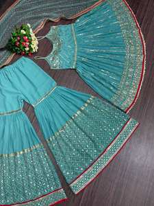 NUEVO DISEÑADOR HEAVY FUAX GEORGETTE TOP CON SECUENCIAS BORDADAS TRABAJO DUPATTA PALAZO - Product Image 5