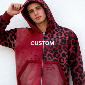 Sweat-shirts à capuche décontractés pour hommes, bordeaux, imprimé léopard, effet vieilli, tie-dye, en coton, avec fermeture éclair, logo personnalisé, coupe oversize, élégants et confortables - Product Image 3