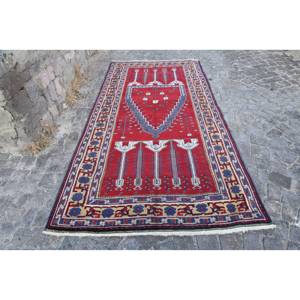 Vintage Turkish Rug Large Area 4.8x9.5ft Kilim Style <b>Red</b> Blue Patchwork Design <b>Wool</b> Material Latex for Hallway Room Decor - Product Image 1
