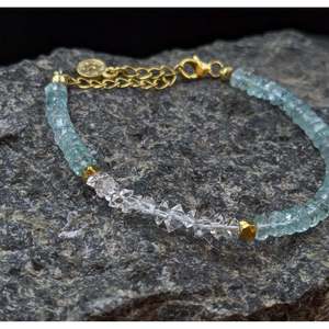 Quartz Diamond Pearl Beaded <b>Bracelet</b> with Aquamarine & Herkimer <b>Gemstones</b> Gold Plated Religious Cross Design Gift - Product Image 2