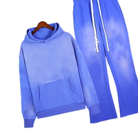 Ensemble de survêtement bleu délavé à l'acide pour homme, sweat-shirt polaire oversize et pantalon de jogging évasé, 100% coton, style streetwear
