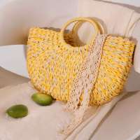 Sac de plage vintage en paille tressé à la main pour femme, multicolore, géométrique, en forme de baril, 3L+, avec doublure en polyester, idéal pour l'été et les voyages