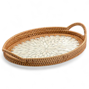 Plateau ovale en rotin avec incrustation de nacre, export en gros, vaisselle décorative pour la restauration et les hôtels - Product Image 2