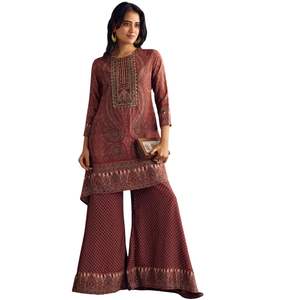 Traje de Kurta Sharara de satén naranja ladrillo con estampado de Cachemira y escote Cutdana para fiesta de boda ropa India festiva - Product Image 3