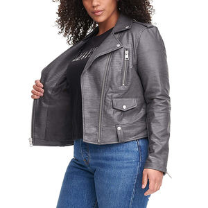 Veste de motard grise grande taille pour femme en manteau de moto coupe ajustée avec fermeture éclair sur le devant à manches longues vêtements d'extérieur élégants et audacieux pour l'hiver - Product Image 4