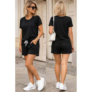 Women'<b>s</b> Short-Sleeve Crew Neck Viscose Two-Thread Fabric <b>Blouse</b> <b>and</b> Shorts Two-Piece Set, 32776 - Black - Product Image 4