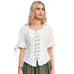 OEM-camisas de algodón renacentista para mujer, Blusa de manga corta cómoda con escote Corazón, Top de estilo campestre, blusa Vintage