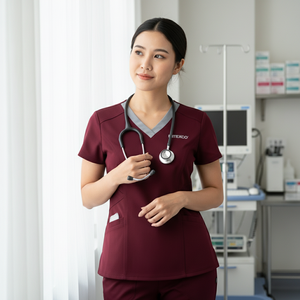 Haut de blouse médicale MITEXCO pour femme, col en V, couleur marron, manches courtes, uniforme de santé, tunique avec poches plaquées pour infirmière, médecin - Product Image 4