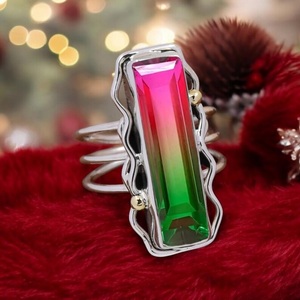 Anillo de turmalina de sandía hecho a mano, anillo de piedra multicolor Baguette de Plata de Ley 925 para mujer - Product Image 1