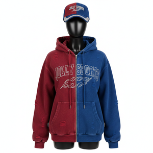 Sweat à capuche zippé pour femme, hiver, 320 GSM, polaire en coton doux, panneau de couleur contrastée, logo imprimé à l'écran, sweat à capuche zippé basique - Product Image 1