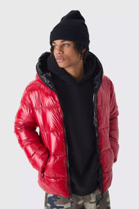 Best Selling Zip Hood Canvas High Shine Puffer <b>Jacket</b> <b>Red</b> Windproof Warm Winter New Style Quilted Bubble Fur Men's - Product Image 4