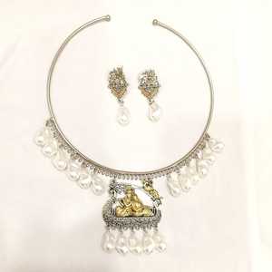 Divine Oxidised RadhaKrishna Hasli Set <b>Pearl</b> Collar <b>Necklace</b> With Matching Earrings <b>Silver</b> Finish High Quality <b>Pearl</b> <b>Necklace</b> - Product Image 1
