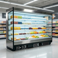 Vitrine réfrigérée commerciale verticale multi-étagères ouverte pour lait frais, viande et boissons.