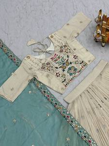 Unity Luxury Women's Wedding off <b>White</b> Silk Blend Lehenga Choli with Pastel Pink <b>Chiffon</b> Dupatta - Product Image 6