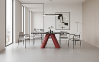 Table de salle à manger moderne en marbre noir avec pieds en métal rouge, ensemble de meubles contemporains de luxe pour villa haut de gamme ou hôtel restaurant