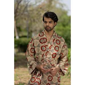 Peignoir Kimono Bohème en Pur Coton pour Homme, Robe de Chambre Géométrique de Luxe, Peignoir Unisexe d'Été, Combinaison de Bain, Coupe Décontractée, Polaire de Plage - Product Image 1