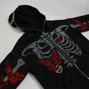 New Y2K Spider Web Bone Heartbreak Rhinestone Loose BLUE Full <b>Zip</b> <b>up</b> <b>Cardigan</b> Rhinestone Hoodie Unisex - Product Image 5