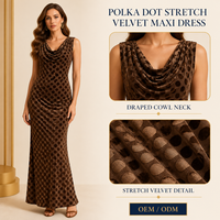 Robe longue en velours extensible à pois pour femme, sans manches, col drapé, ajustée, pour soirée, OEM ODM